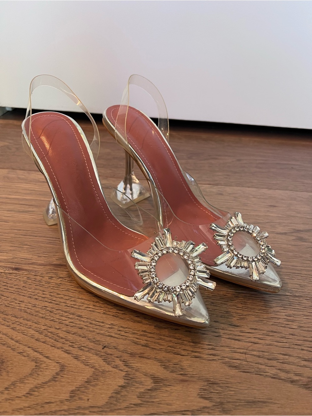 BOLILAN Clear PVC Slingback Heels with Crystal Sunburst Accent - Size 39